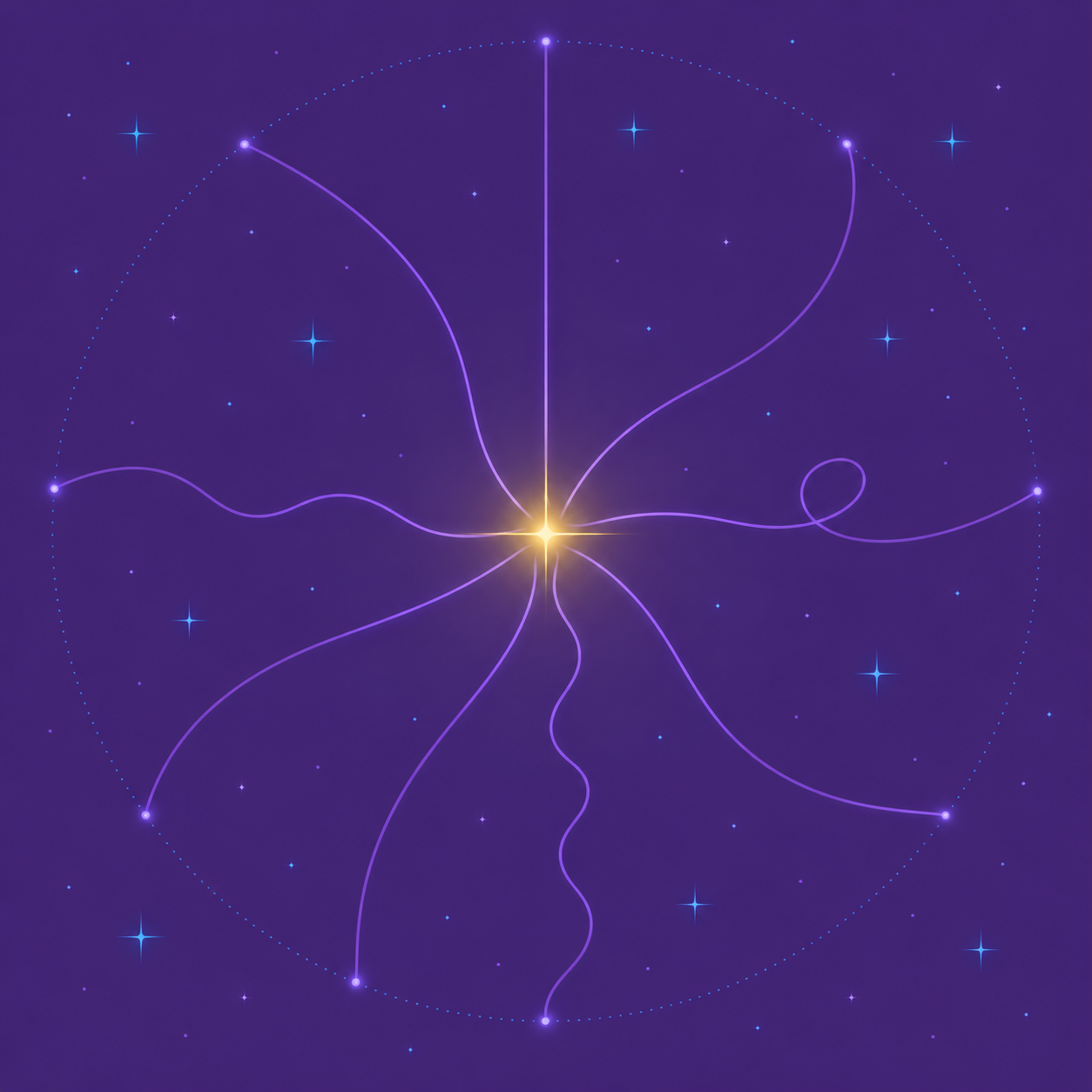 Nove caminhos de luz partindo de pontos diferentes e convergindo para um centro dourado, sobre um céu estrelado
